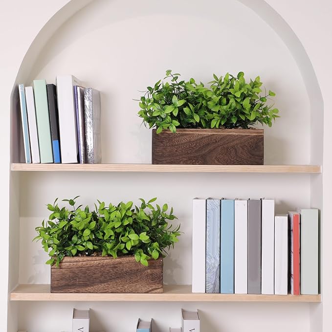 Lyrow 4 Pack Artificial Eucalyptus Plant in Rectangular Rustic Wooden Planter Box Faux Potted Herb Plant Table Centerpiece for Kitchen Windowsill Shelf Decor (Brown,11.4 '')