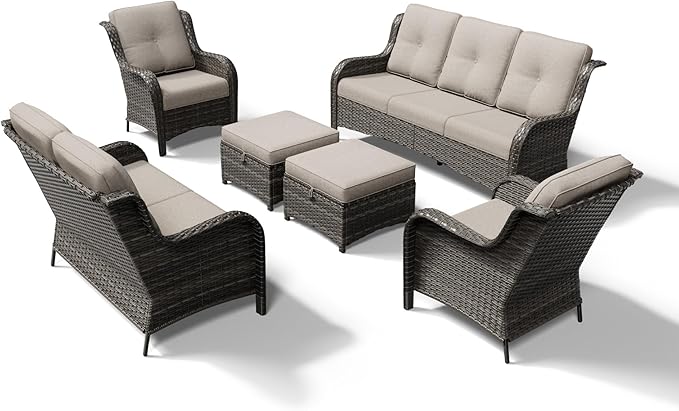 Joyside 6 Piece Wicker Patio Furniture Set, Rattan Patio Chairs with High Back, Deep Seating, Wide Armrest, Thickened Cushions, Outdoor Furniture for Deck, Porch Use