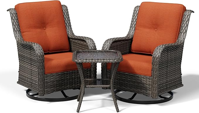 Joyside 3 Piece Wicker Patio Furniture Set, Outdoor Swivel Rocker Patio Chairs with High Back, Deep Seating, Wide Armrest, Thickened Cushions, Outdoor Furniture for Deck, Porch Use