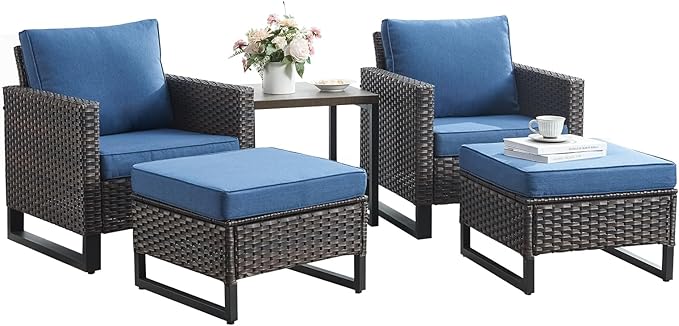 Rilyson Wicker Outdoor Patio Furniture Set - 5 Piece Patio Conversation Set with 2 Wicker Armrest Chairs,2 Rattan Ottoman and 1 Metal Side Table for Outside Porch Deck Backyard Garden(Brown/Blue)