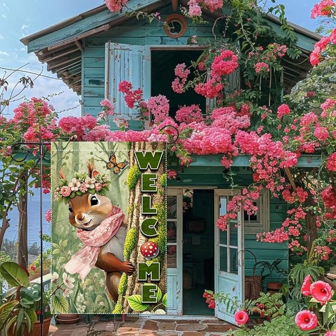 Spring Summer Garden Flag Decorations 12x18inch Burlap Double Sided Squirrel Summer Garden Flags For Outside Yard Home Outdoor Patio Lawn Decor,Welcome Garden Banner (RMQ86, 12"X18")