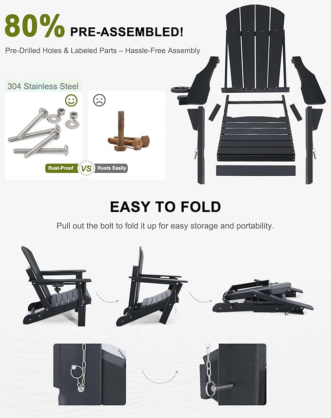 Folding Adirondack Chairs Set of 4- Plastic Adirondack Chairs with Cup Holder, Weather Resistant for Outdoor, Patio, Lawn, Garden, Backyard Deck, Fire Pit - Black