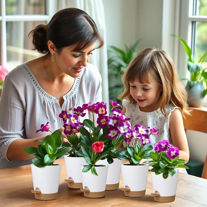 zople 12 Pack 4 Inch Self Watering Plant Pots with Drainage and Saucers,Plastic Flower Pots for Indoor and Outdoor Plants, Nursery Planters for Houseplants and Herbs White Brown, 4 inch 12pcs