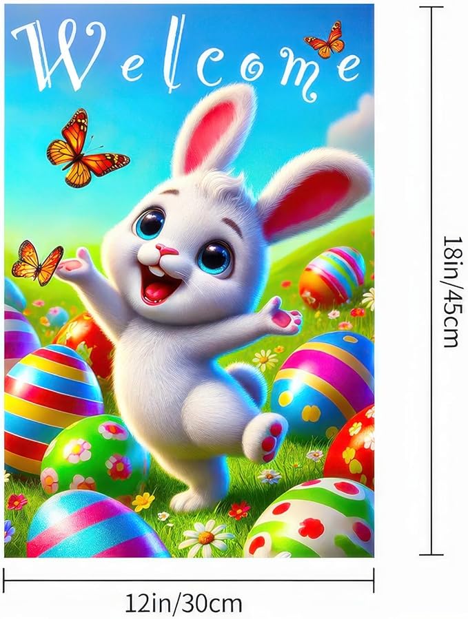 Happy Easter Garden Flag 12x18 Inch Double Sided Welcome Bunny Easter Egg Design Small Outdoor Yard Flag Cute Spring Easter Banner for Porch Lawn Patio Garden Decor