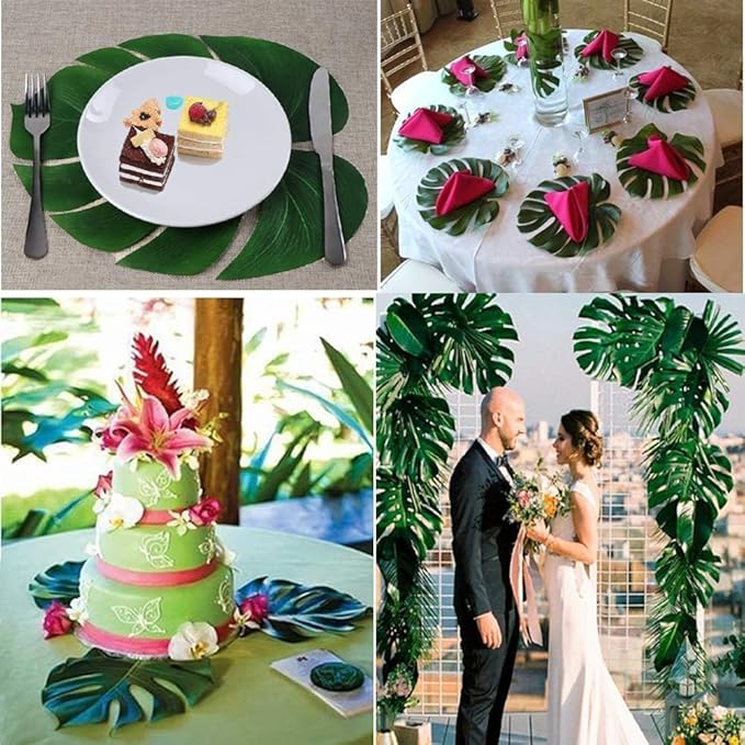 Artificial Palm Leaves, 50PCS Extra Large 14" Tropical Monstera Fake Leaves for Hawaiian Luau Jungle Safari Birthday WeddingTheme Party Table Wall Decorations,Bonus 3 Sheets/60pcs Dot Glues