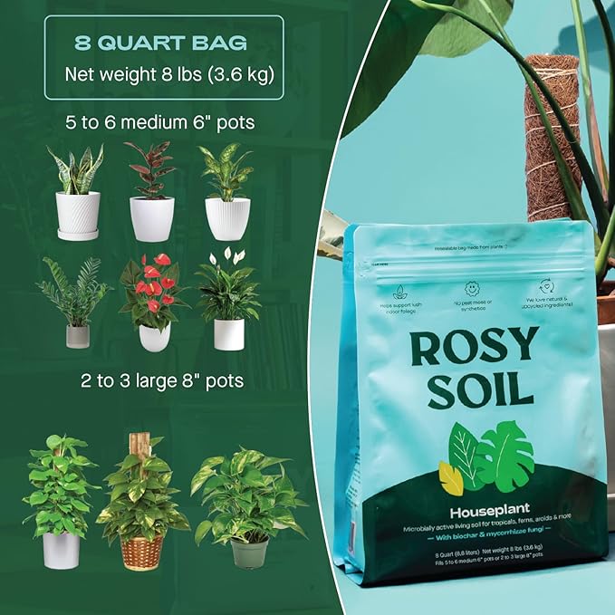 Rosy Soil Biochar Booster 8qt + Indoor Potting Mix 8qt for Houseplant - Peat Free Organic Living Soil with Worm Castings, Mycorrhizae, Pine Bark Fines - Fast Draining, Root Boosting Biochar Supplement