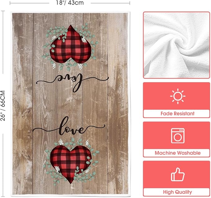 Artoid Mode Wood Heart Love Valentine's Kitchen Towels Dish Towels, 18x26 Inch Farmhouse Wedding Anniversary Decoration Hand Towels Set of 2