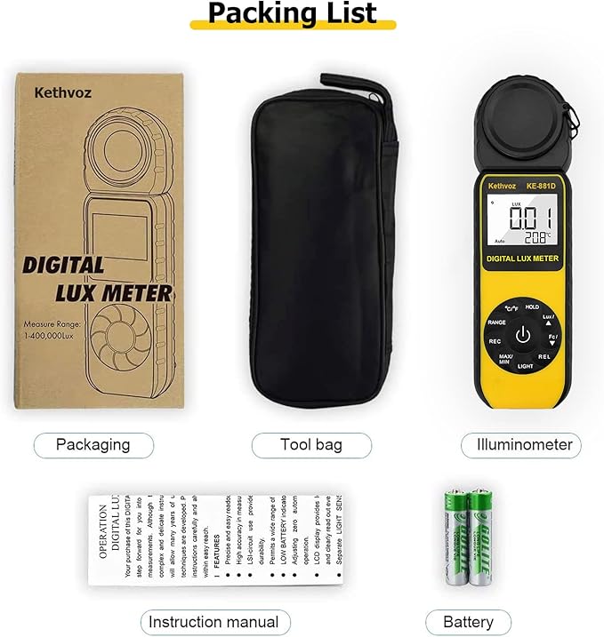 Kethvoz KE-881D Digital Illuminance - 0.1~400,000 Lux Range Light Meter, Foot Candle Tester for Photography, LED Grow Lights, Aquarium, Indoor Lighting Measurement