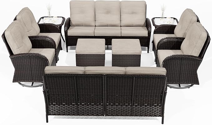 Joyside Wicker Patio Furniture Set, 10 Piece Outdoor Furniture Set with Thickened Cushions, High Back, Deep Seating, Wide Armrest, Outdoor Swivel Rocker Chairs for Porch, Deck