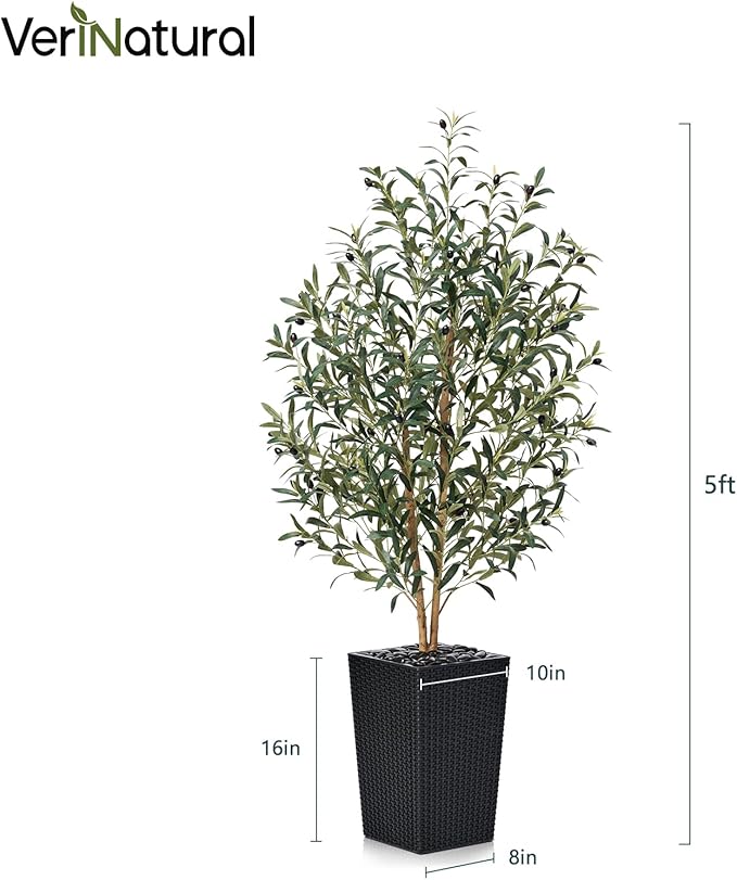 VeriNatural Artificial Olive Tree 5FT - Tall Faux Olive Trees with Natural Wood Trunk, Silk Leaves, Black Taper Planter & Pebbles, UV Resistant Fake Plants Indoor for Home Decor, Office,Outdoor,VN131