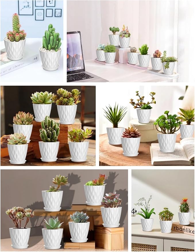 zople 16 Pack 4 Inch Plastic Planter Pots with Tray, Heavy Duty Indoor Outdoor Planter Pots with 48 Drainage Holes for Herbs, Succulents, Seedlings, Flowers Durable and Lightweight White