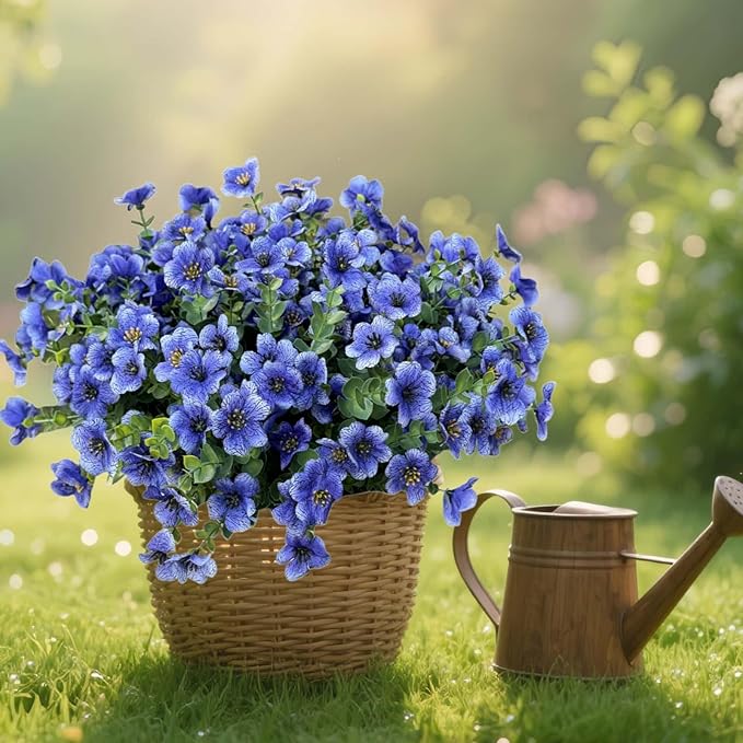 XccJLYB Artificial Flowers Outdoor UV Resistant Fake Plants, 12 Bundles Silk Daisy in Pots for Porch Patio Garden, Faux Potted Home Decor for Outside (Blue)