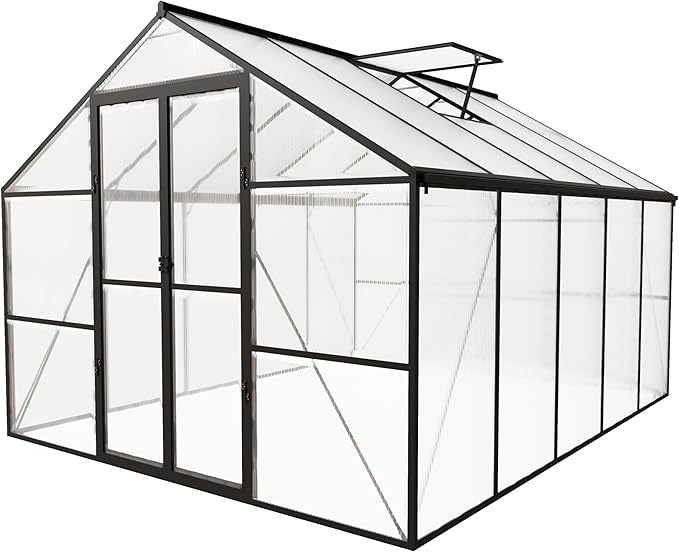 8 x 10 FT Outdoor Greenhouse, Heavy-Duty Polycarbonate Greenhouse with Aluminum Frame, Lockable Door, Adjustable Roof Vent, Walk-in Green House for Backyard, Garden, Patio