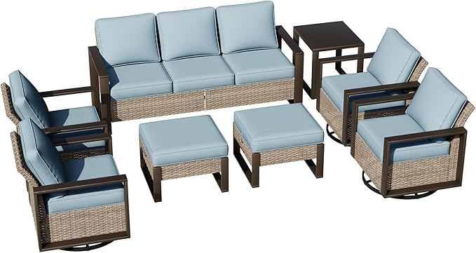 Outdoor Patio Swivel Rocker Chairs, 8 Pieces Wicker Furniture Set, 4 Swivel Rocking Chairs, 1 Sofa, 2 Ottoman and 1 Table, Wide Armrest, Thick Cushions and Deep Seating for Garden, Backyard, Porch