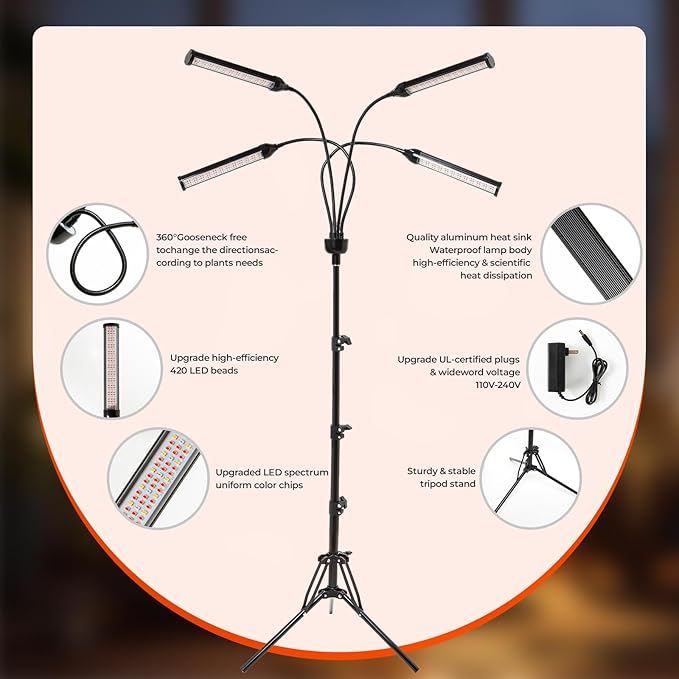 LED Grow Lights for Indoor Plants, 432 LEDs Red Blue White Full Spectrum Plant Lights for Indoor Growing with 15-63 inches Adjustable Tripod Stand, 4 Heads Grow Lamp with 4/8/12H Auto On/Off Timer