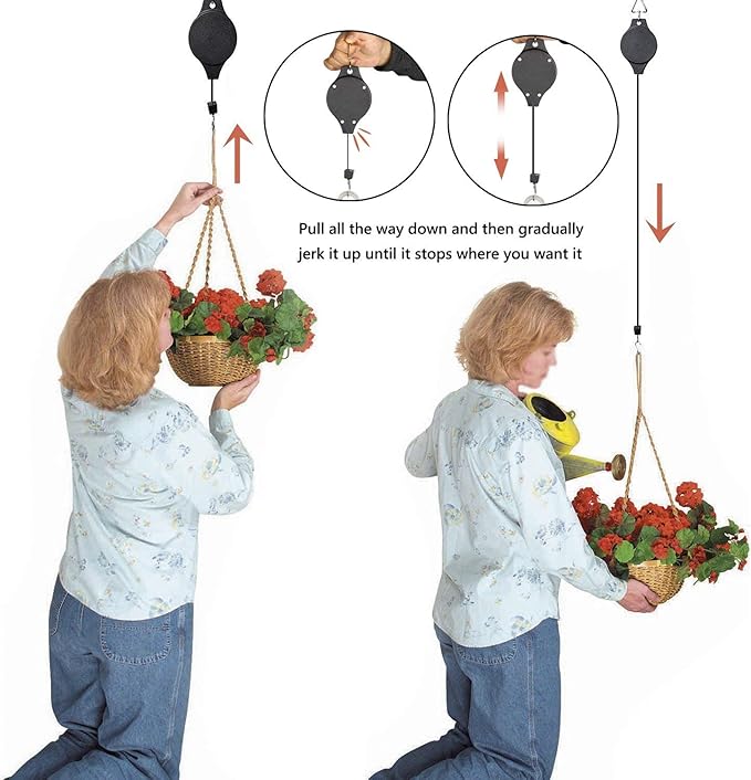 Lythor 4 Pack Plant Hook Pulley, Retractable Plant Hanger Easy Reach Hanging Flower Basket for Garden Baskets Pots and Birds Feeder Hang High up and Pull Down to Water Or Feed