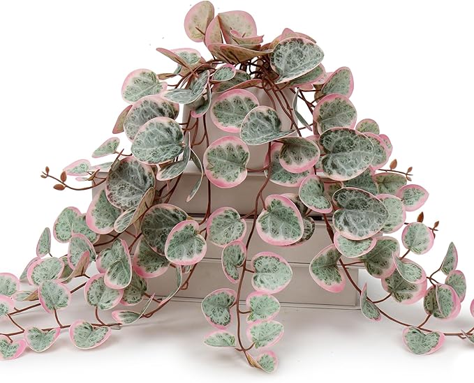 Briful Fake Plants Indoor 16'' Artificial String of Hearts Plants with Ceramic Pot Small Faux Draping Vine Plants for Home Bathroom Table Shelf Office Hotel Decor(Pink)