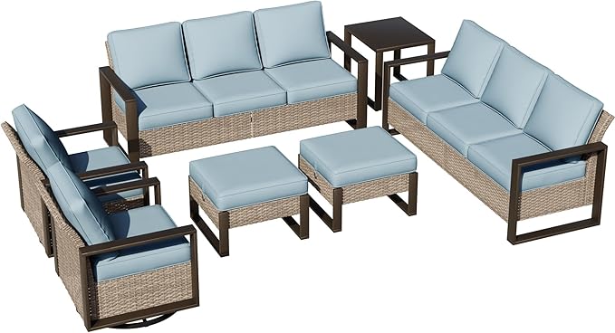 Outdoor Patio Swivel Rocker Chairs, 7 Pieces Wicker Furniture Set, 2 Swivel Rocking Chairs, 2 Sofa 2 Ottoman and 1 Table, Wide Armrest, Thick Cushions and Deep Seating for Garden, Backyard, Porch