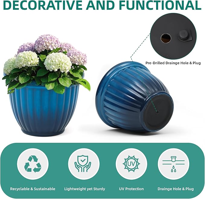 Ultym 15" Outdoor Large Flower Pots (Set of 2), Gradient Blue Plastic Planters with 3D Texture, Weather-Resistant for Garden, Patio, Porch or Indoor Use