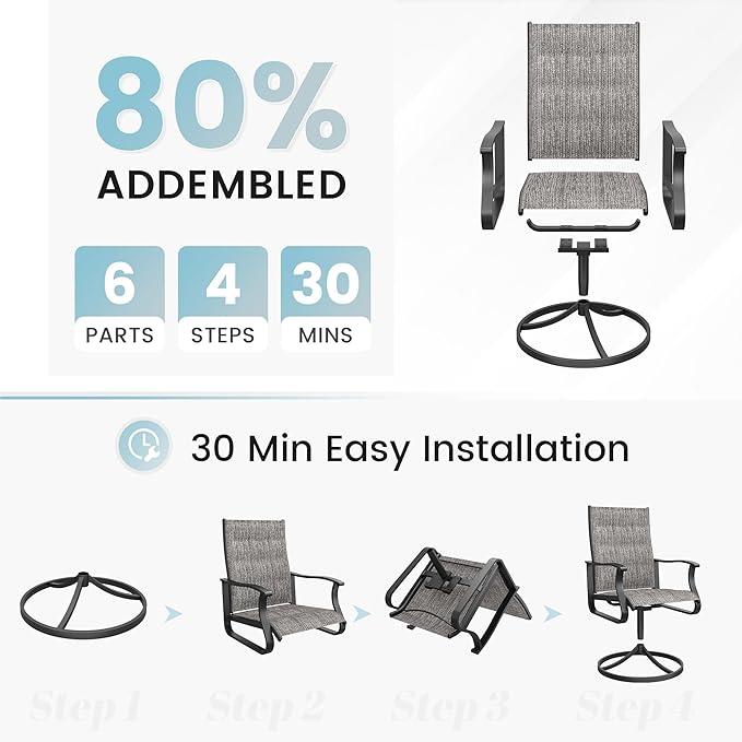 Patio Swivel Chairs Set of 2, Outdoor Dining Chairs with High Back, 360° Swivel Rocker Chair in All-Weather Padded Textilene & Metal Frame for Garden, Porch, Backyard, Balcony(Padded Grey)