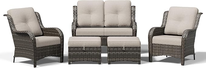 Joyside 5 Piece Wicker Patio Furniture Set, Rattan Patio Chairs with High Back, Deep Seating, Wide Armrest, Thickened Cushions, Outdoor Furniture for Deck, Porch Use