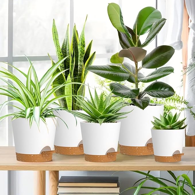 WSMKSZ 7/6.5/6/5.5/5/4 inch Self Watering Pots for Indoor Outdoor Plants, 6 Pack Plastic Flower Planters with Drainage Holes and Removable Saucers, Plant Pots with Wicking Rope, White Brown