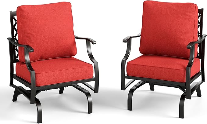 Patio Chairs Set of 2, High Back Outdoor Patio Metal Chairs with 5.75" Thick Cushions for Bistro Balcony Porch Deck and Yard, Red