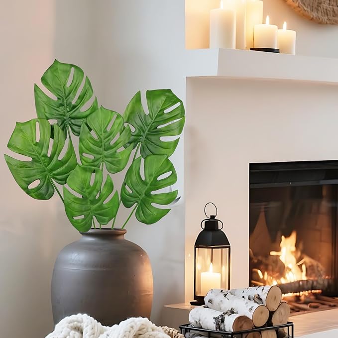 Hollyone 6 Pack Artificial Monstera Leaves with Stems Real Touch Faux Monstera Turtle Safari Leaf Fake Palm Tropical Plants for Vase Hawaiian Luau Party Jungle Beach Table Home Wedding Kitchen Decor
