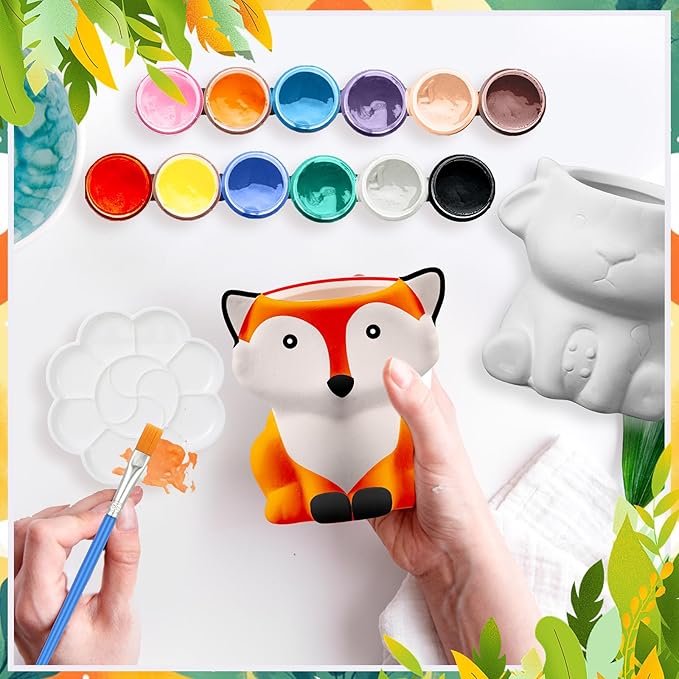Ninehaoou 6 Sets Ceramic Succulent Pots with Drainage Color Paints Paintbrushes Palettes Paintable Succulent Flower Pots DIY Figurines Paint Craft Kit for Classroom(Classic Animal)
