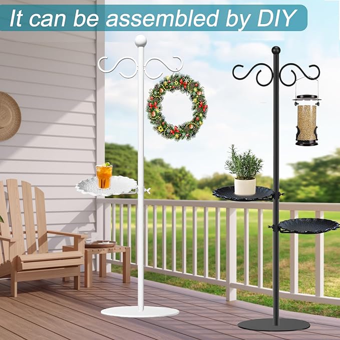 Upgraded 74" Shepherd's Hook for Bird Feeder,White Floor Hanging Plant,White Wind Chime Stand, Waterproof Metal & Adjustable-Height Standing Pole Holder for Wreath, Indoor & Outdoor(2 Placement Racks)