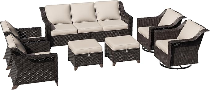 7 Pieces Patio Conversation Furniture Set - 1 Sofa, 2 Armchairs, 2 Ottomans, 2 Swivel Chairs, Outdoor Wicker Furniture with Removable Cushions for Porch, Balcony, Sunroom (Beige)