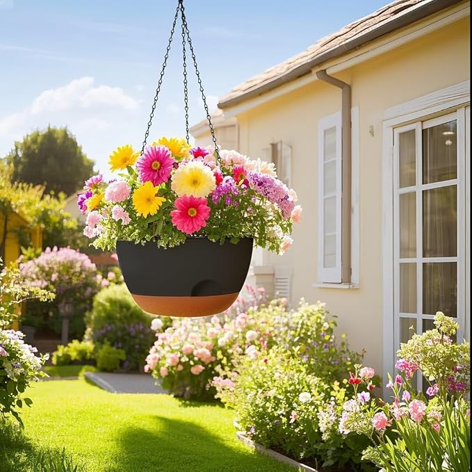 LESOASIS Set of 2-12 Inch Hanging Planter, Self-Watering Hanging Planters for Indoor Plants & Outdoor, Plant Hanger Indoor, Hanging Plant Pot with Drainage (Black)