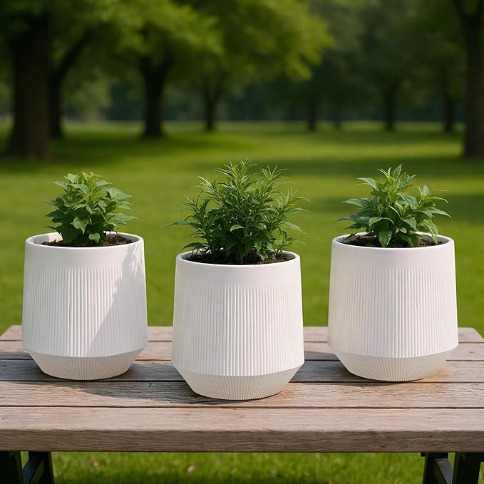 Yaghpy Plant Pots,Set of 3 Plastic Pots for Indoor Plants,Flower Pots Outdoor Planters with Drainage Hole and Seamless Saucer,Milky-Yellow