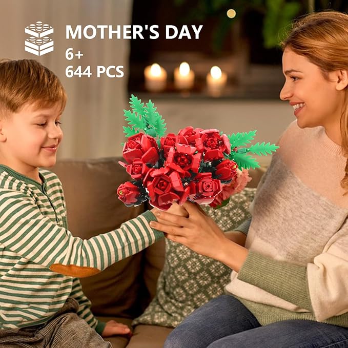 SIENON Red Rose Building Set-10pcs Roses & 2pcs Leaves Botanical Collection, Artificial Flowers for Home Décor, Rose Bouquet Building Kit for Valentine’s Day Christmas Birthday Anniversary (No Vase)