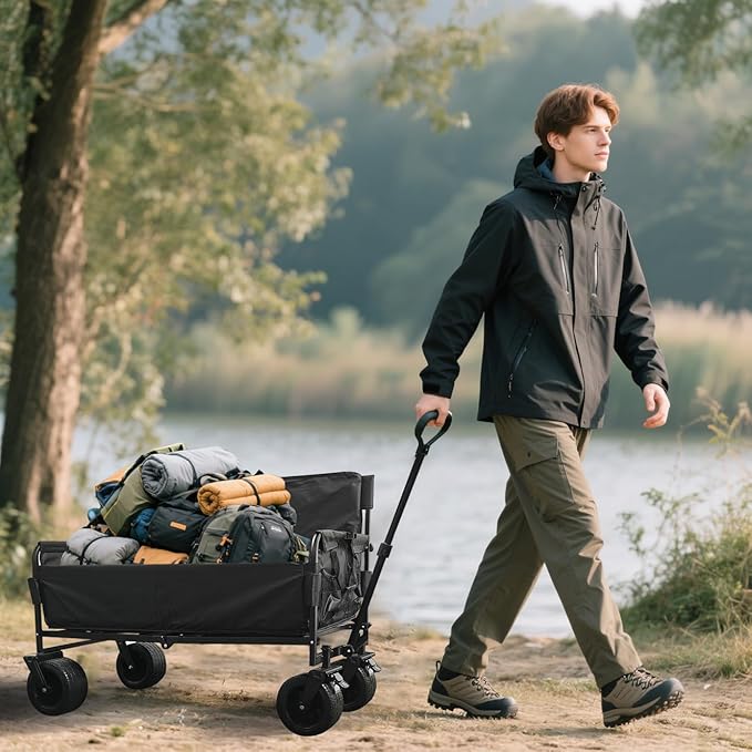 Wagon Foldable Cart Convert to Bench, Collapsible Heavy Duty Cart with Wheels, All Terrain Camping, Utility Grocery Wagon for Beach, Shopping, Garden, Sports and Fishing (LY008-BLACK)