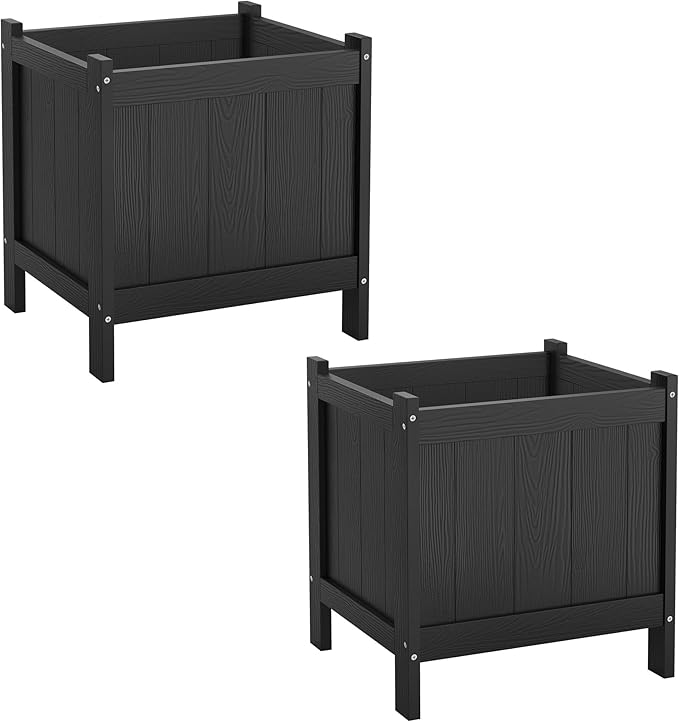 LUE BONA Outdoor Plant Pots Set of 2, 13.7" x 12.5" x 14.5" Flower Pots with Drainage Holes, Outdoor Planter Box for Outdoor Plants - Porch Patio, Garden or Entryway, Black