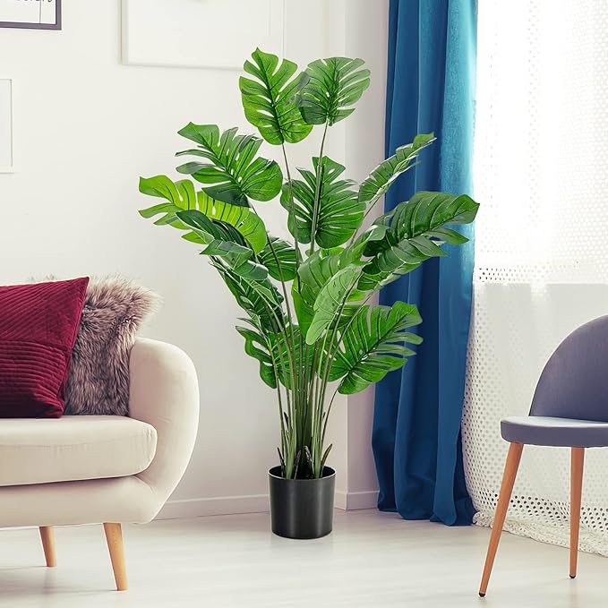 5FT Fake Monstera Deliciosa Plants, Faux Monstera Plant w/15 Turtle Leaves, Cement-Filled Plastic Pot, 60 Inch Fake Plant for Indoor Home Office Living Room Decoration Set of 2