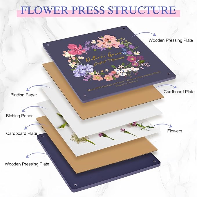 Joy&Grace Flower Press Kit for Adults & Kids, with Designed Cover and DIY Album, 10.9" x 10.9" 10 Layers Flower Preservation Kit, Plant Press and Large Plant Drying Toolkit (Color Box, Purple Navy)