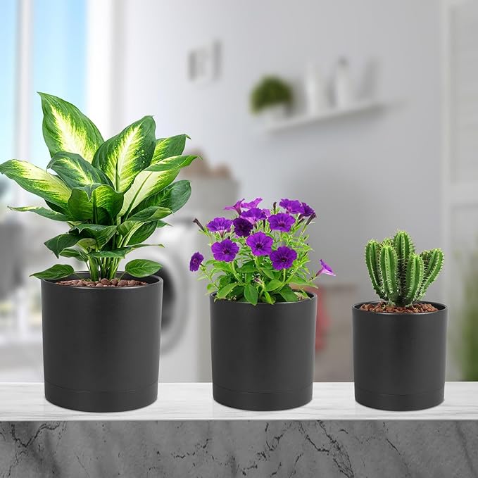 Meowell 7/6.5/6/5/4 inch Plant Pots for Small Indoor Outdoor Plants, 5 Pack Cylinder Flower Pots with Drainage Holes and Saucers, Plastic Planters for Garden Succulent House Plants, Black