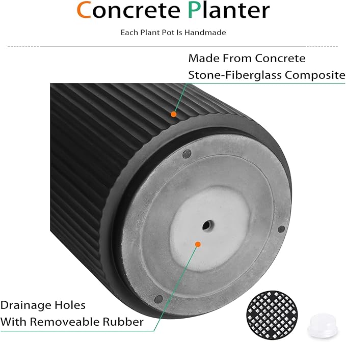 Heyzier Round Concrete Planter Outdoor Indoor, Large Cement Plant Pots for Flowers (Vertical Black, 16 inch)
