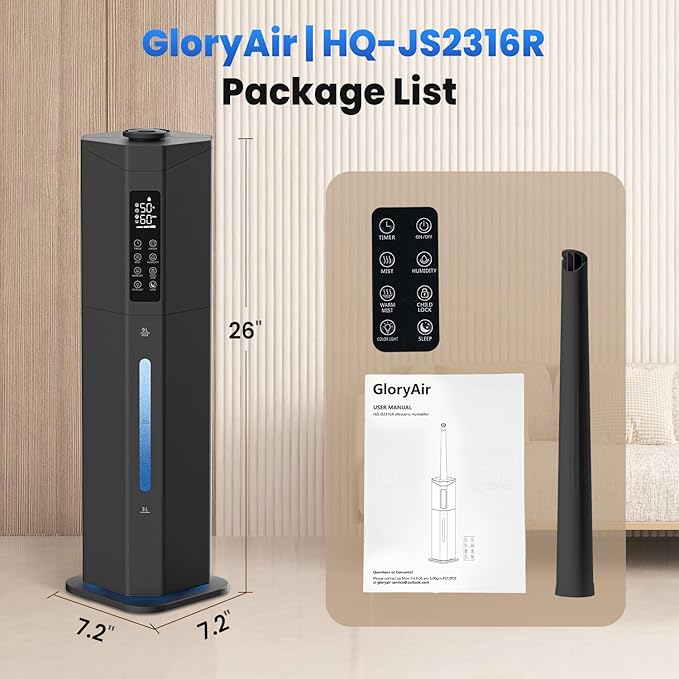 Humidifiers for Bedroom - GloryAir 2.38Gal/9L Top Fill Warm & Cool Mist Humidifier for Large Room 750ftยฒ with Auto Mode 7-Color Light, Humidistat, Quiet Humidifier for Plants Baby Adults Home & Office