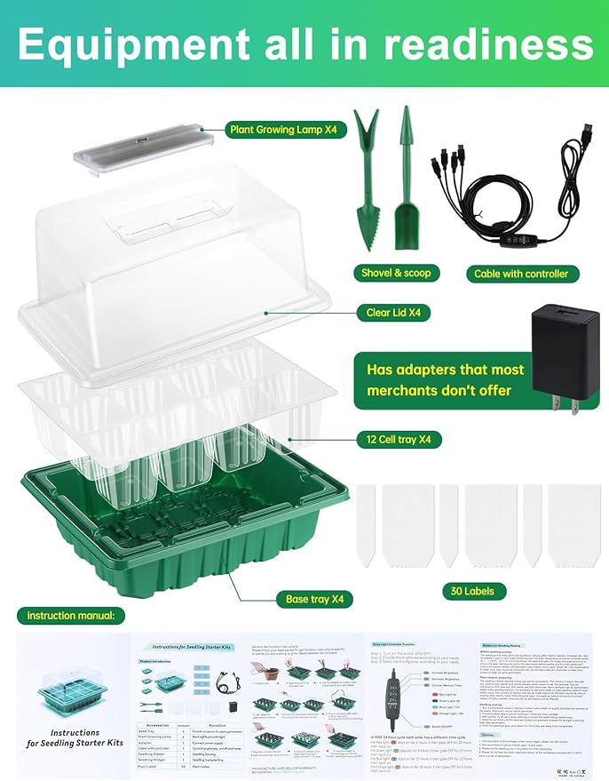 RODINTO 4 Packs Medium Seed Starter Tray, Adjustable Brightness and Timer, Upgraded 24 Full Spectrum LEDs, Seed Starter Kit with Drainage Holes, Tools and Labels for Indoor Plant Growing