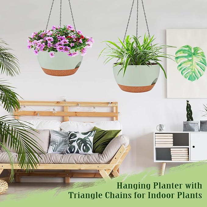 Lucieblessdesign Hanging Planters for Outdoor Indoor Plants, 2 Pack 10 Inch Hanging Basket Plants Outdoor, Self Watering Hanging Planter with Plant Hanger for Garden Home Decoration (Green, 10 inch)