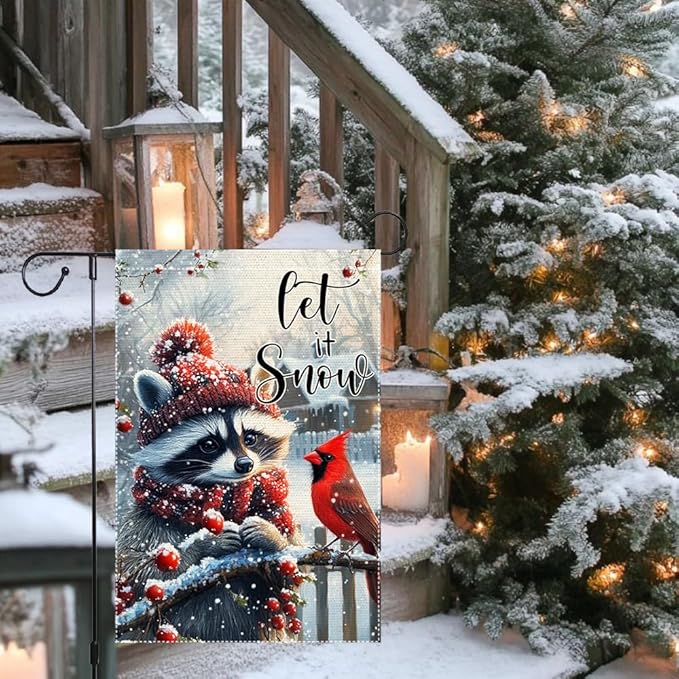 Winter Gardening Flag 12x18 inch Double-sided Cotton Fabric Garden Flag, Cute Red-Haired Bear Bird Snow Scene Outdoor Decor Flags, Christmas Winter Seasonal Welcome Flag
