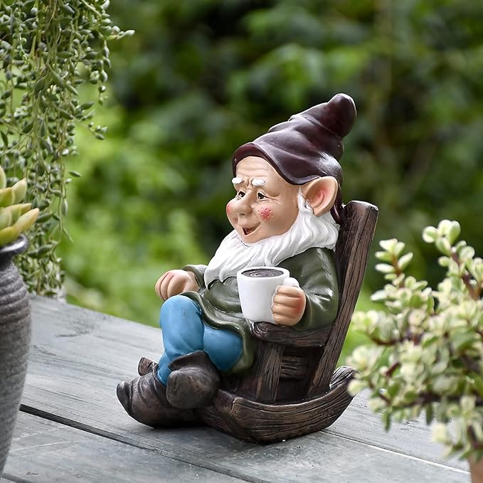 OwMell Gnome Statue for Garden, Drinking Gnome Figurine Ornament for Outdoor Patio Yard Lawn Decor 7" - Coffee