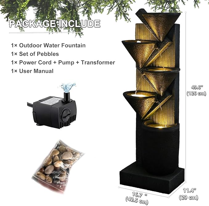 49.6" Tall Outdoor Water Fountain 5-Tier Garden Watefall Fountains Floor Standing Water Fountains with LED Lights&Pump for Garden, Living Room, Patio with Natural Stone