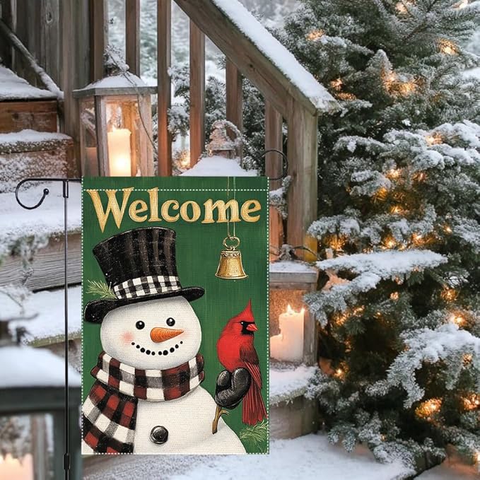 Welcome Snowman Garden Flag Double Sided 12x18 Inch Burlap Winter Outdoor Yard Decoration with Cardinal Bird and Bell Christmas Holiday Decor