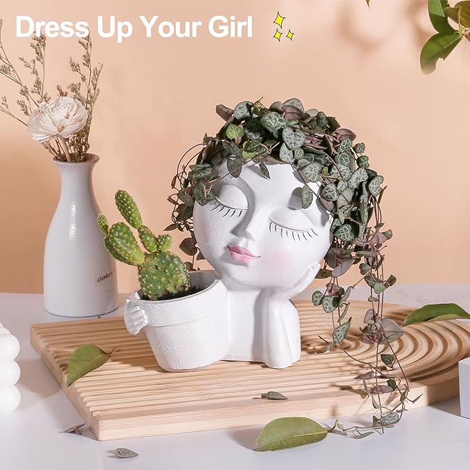vomiceak Face Planter Pots Head, Planters for Indoor Plants - Double Cute Plant Pots for Flower & Succulent with Drainage Holes - Ideal Present Ideas (White Lady)