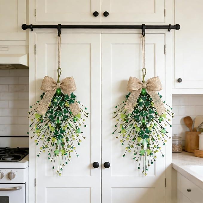 2 PCS St.Patrick's Day Swag Wreath for Front Door St. Patricks Day Teardrop Swags Artificial Felt Shamrock Kitchen Cabinet Swags Wreaths with Green Irish Clover Hanging Decor for Home Wall Window
