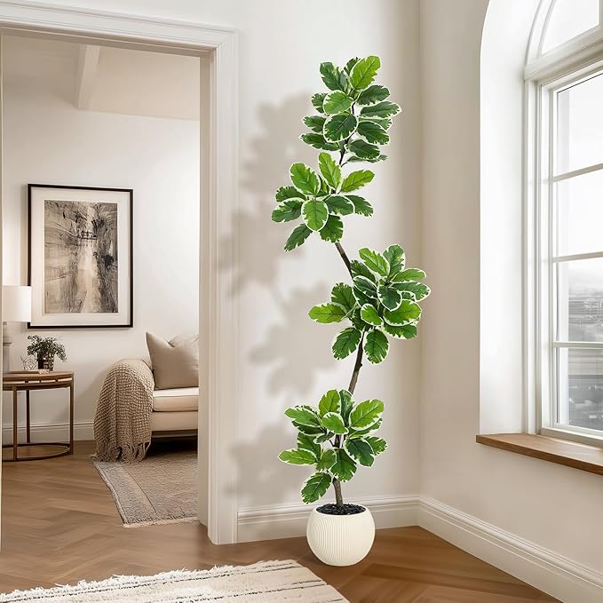 GarveeHome Fiddle Leaf Fig Tree Artificial Indoor, 6 ft Tall Faux Rubber Tree with Sphere Planter, Tall Artificial Plants with Moss for Home Decor Office Living Room